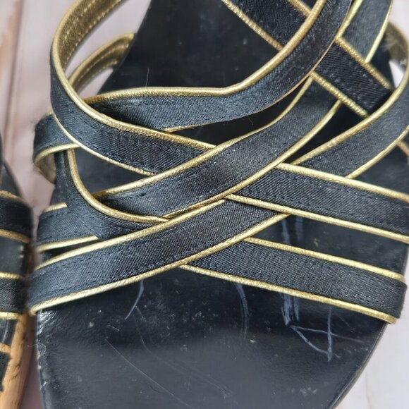 Anne Klein Wedge Sandals Gold & Black Straps Size 8.5 Pre-Owned Great Condition - Picture 6 of 11